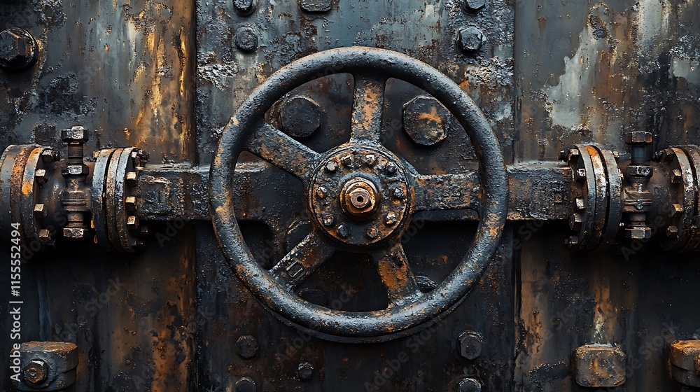 Rusty industrial valve wheel on metallic door. Rusty industrial valve wheel on metallic door.