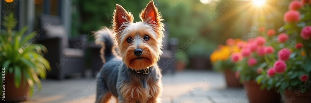 Naklejka premium Golden Hour Gaze An Adorable Australian Silky Terrier Posing in the Sunlight Amidst a Colorful Garden