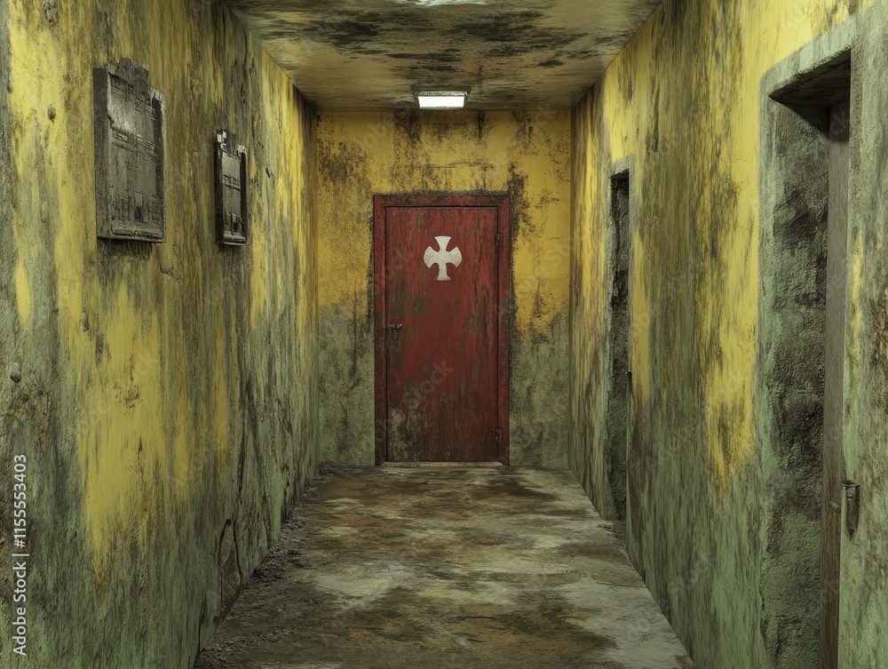 A yellow and red door in an underground bunker is captured in a hyper-realistic cinematic horror style. A yellow and red door in an underground bunker is captured in a hyper-realistic cinematic horror style.
