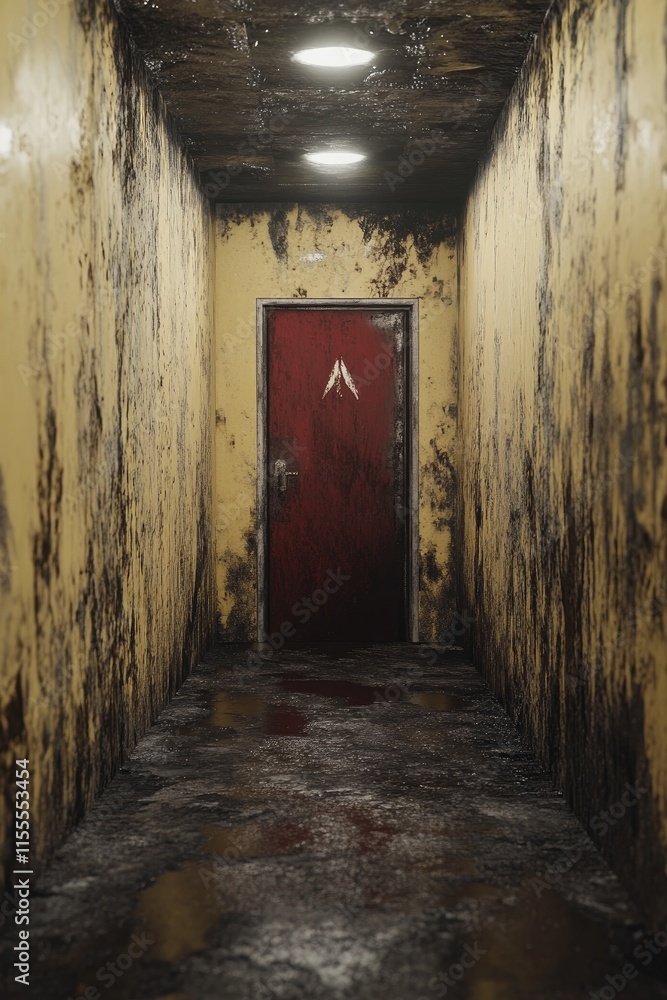 A yellow and red door in an underground bunker is captured in a hyper-realistic cinematic horror style. A yellow and red door in an underground bunker is captured in a hyper-realistic cinematic horror style.