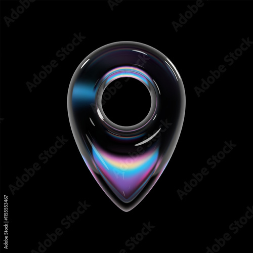 3D glass map pin icon with holographic reflections, glossy transparent surface, light dispersion. Abstract location marker with neon gradient glow for navigation, GPS, maps, travel apps, geolocation