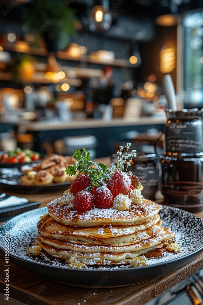 Fototapeta premium Delicious German Pancakes Styled with Fresh Berries and a Touch of Powdered Sugar in a Cozy Cafe Setting