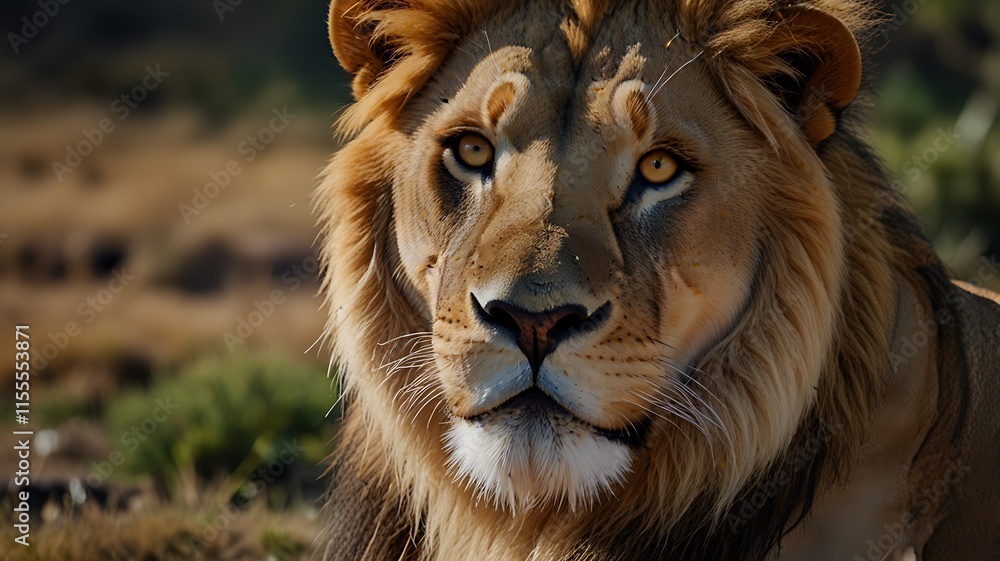 Naklejka premium Forest Lion With Focus In A Jungle Background