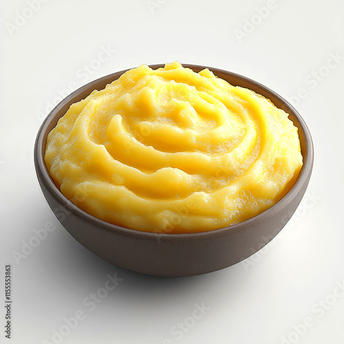 Creamy yellow mashed food in a bowl. photo