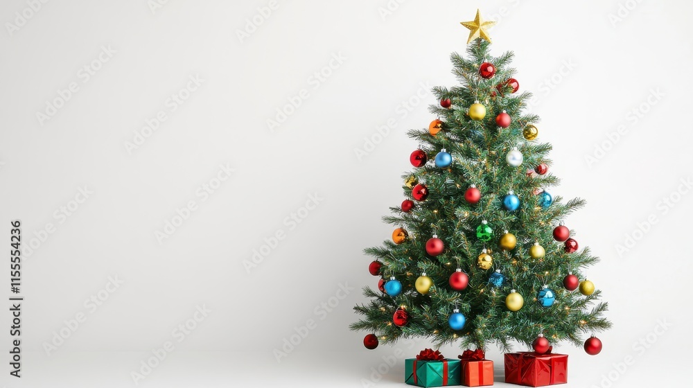 Decorated Christmas tree with gifts on white background. Decorated Christmas tree with gifts on white background.