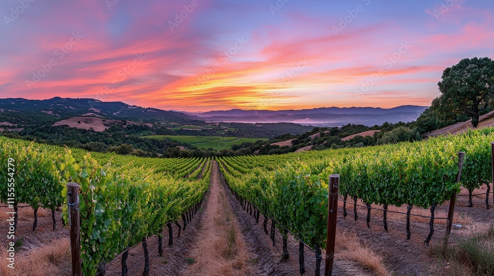 Fototapeta premium A beautiful sunset over a vineyard with a row of grape vines