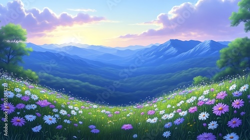 Serene sunset over vibrant mountain meadow.