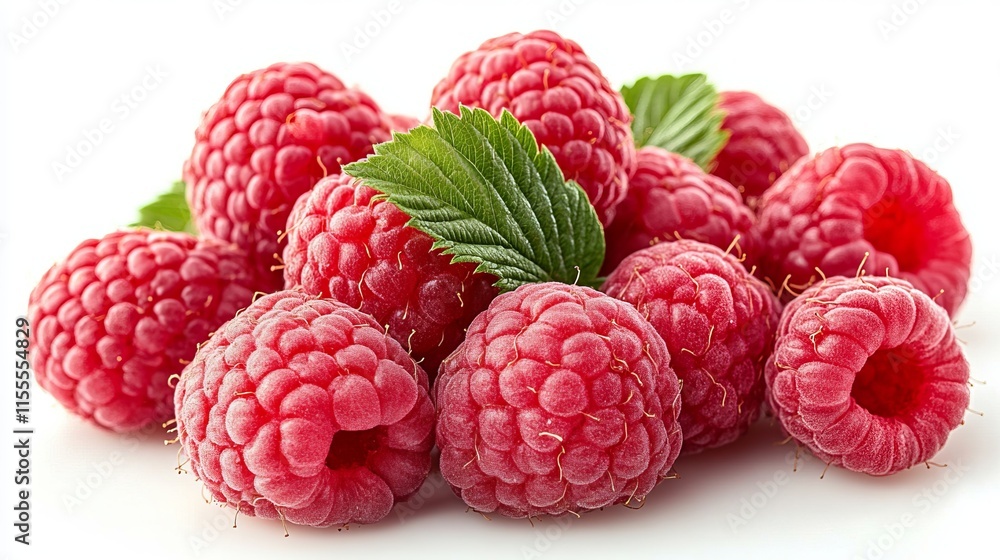 Close-up of Fresh Raspberries. Vibrant Red Berries with Green Leaves. A Healthy and Delicious Summer Treat. Close-up of Fresh Raspberries. Vibrant Red Berries with Green Leaves. A Healthy and Delicious Summer Treat.