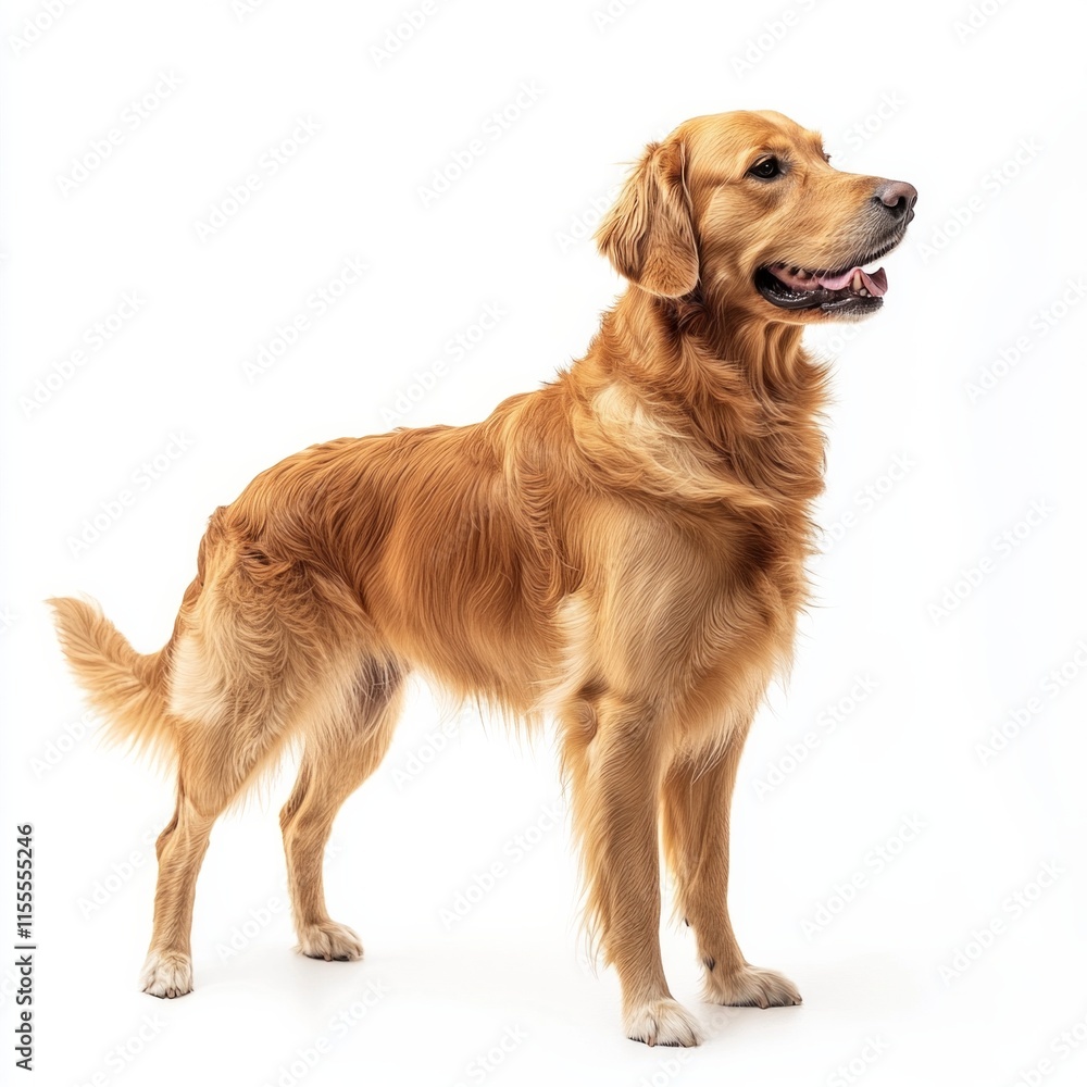 Golden retriever standing on white background with tongue out and happy expression Golden retriever standing on white background with tongue out and happy expression