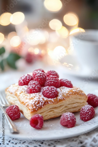 Delicate Raspberry and Almond Puff Pastry Served on a White Plate with Soft Bokeh Background, Capturing the Essence of a Cozy Cafe Atmosphere