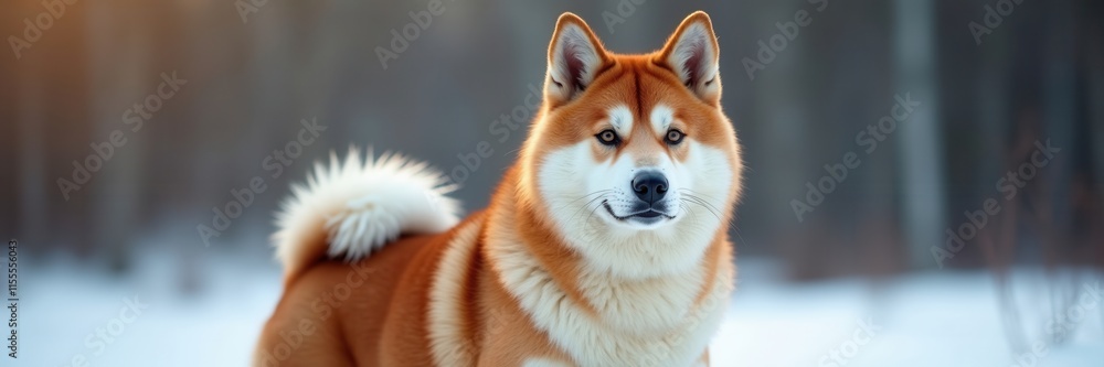 Majestic Akita Inu portrait with striking orange and white fur standing proudly against a snowy winter backdrop a picture of serene canine beauty Majestic Akita Inu portrait with striking orange and white fur standing proudly against a snowy winter backdrop a picture of serene canine beauty