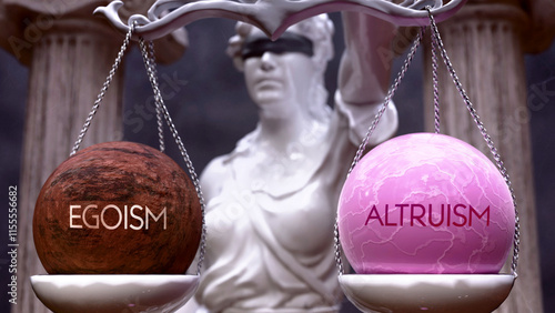 Egoism or Altruism as a choice, two options to choose from. Greek statue presenting two alternatives: egoism or altruism, weighing their values. Looking at pros and cons. ,3d illustration