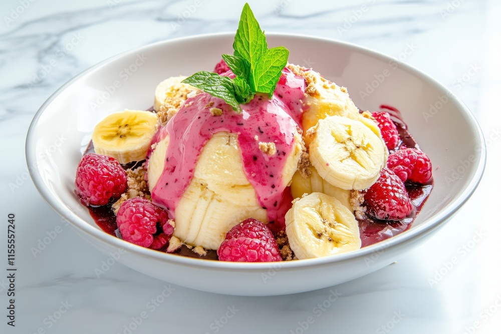 Delicious Banana Ice Cream with Raspberry Sauce and Mint Garnish Delicious Banana Ice Cream with Raspberry Sauce and Mint Garnish