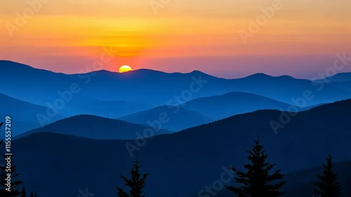 Sunset over blue ridge mountains with vibrant sky, scenic landscape. Natural beauty and tranquility concept