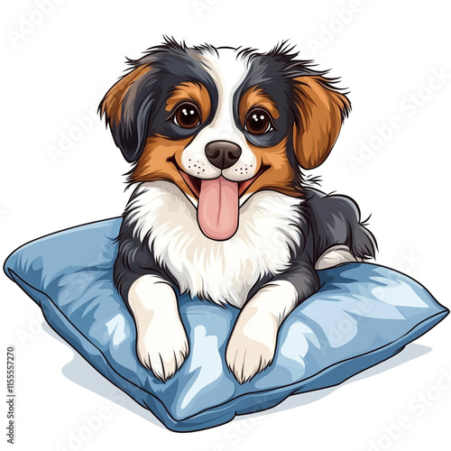 Adorable Australian Shepherd Puppy on a Blue Pillow photo