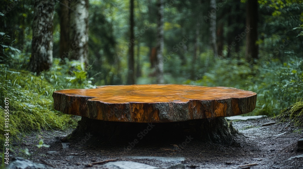 Natural tree trunk podium surrounded by lush green foliage Natural tree trunk podium surrounded by lush green foliage