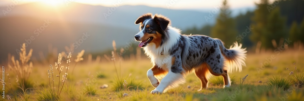 Australian Shepherd Joyfully Runs Through Golden Meadow at Sunset with Mountains in Background Australian Shepherd Joyfully Runs Through Golden Meadow at Sunset with Mountains in Background