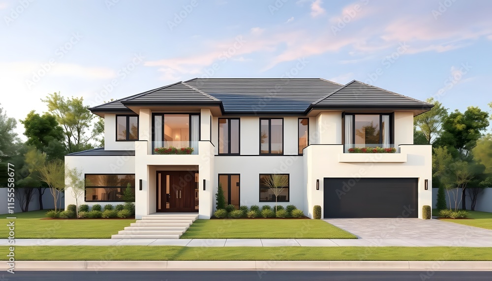 Modern Luxury Suburban Home Exterior Architecture at Sunset Modern Luxury Suburban Home Exterior Architecture at Sunset