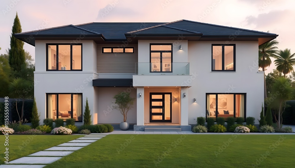 Modern Two-Story Home with Lush Landscaping and Warm Evening Ambiance Modern Two-Story Home with Lush Landscaping and Warm Evening Ambiance