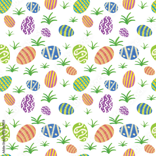 Cute hand drawn beautiful colorful easter eggs seamless pattern painted. Grass spring holiday kids pattern. Great for banners, wallpapers, social media stories, greeting card. Fun egg poins decoration