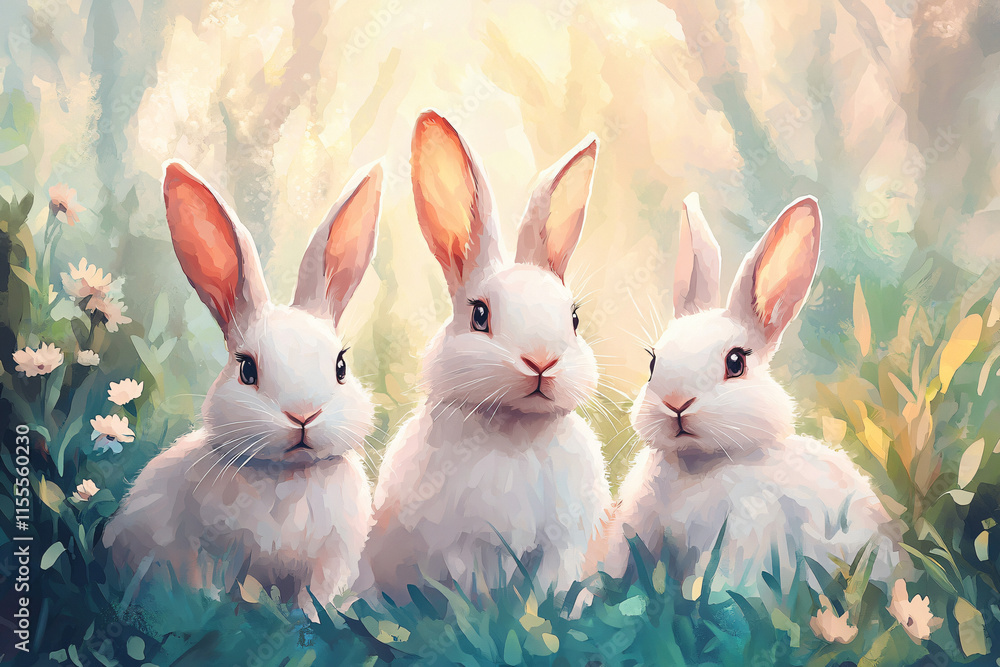 Playful white rabbits in a forest clearing nature illustration Playful white rabbits in a forest clearing nature illustration