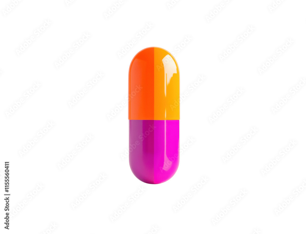 A single pill capsule in vibrant colors, positioned upright to showcase both halves, isolated on a white background for a realistic look A single pill capsule in vibrant colors, positioned upright to showcase both halves, isolated on a white background for a realistic look
