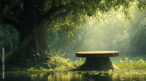 Rustic tree table podium in a peaceful clearing with chirping birds photo