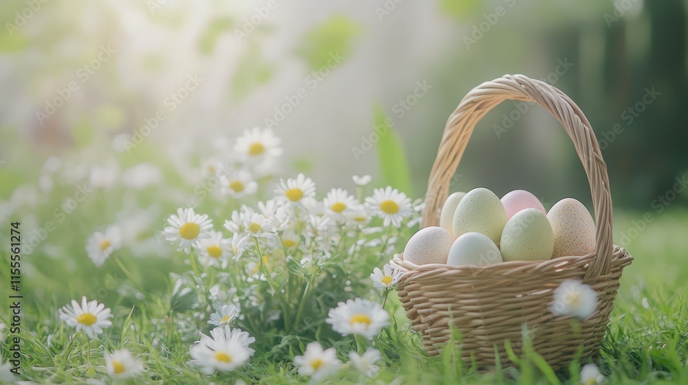 basket filled with painted easter eggs in a meadow basket filled with painted easter eggs in a meadow