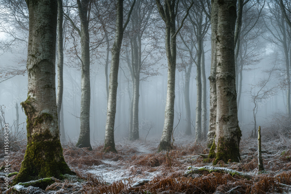Winter forest landscape. Tree trunks in misty forest, first snow covering the ground. Winter forest landscape. Tree trunks in misty forest, first snow covering the ground.