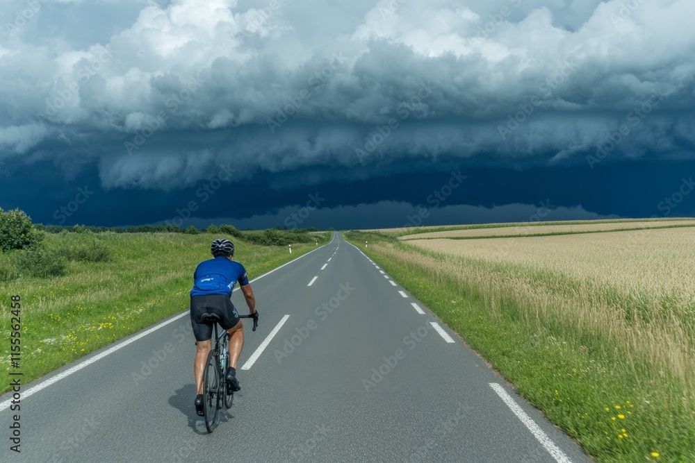 Fototapeta premium A cyclist riding on a quiet, empty highway under dramatic storm clouds with rain visible in the distance
