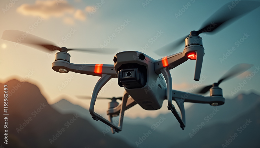 Advanced Drone Technology in Motion Against Majestic Mountain Sunset Advanced Drone Technology in Motion Against Majestic Mountain Sunset