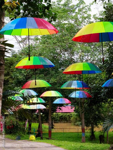 Colorful umbrellas hanging over the street in lamin etam ambors km 28 balikpapan photo