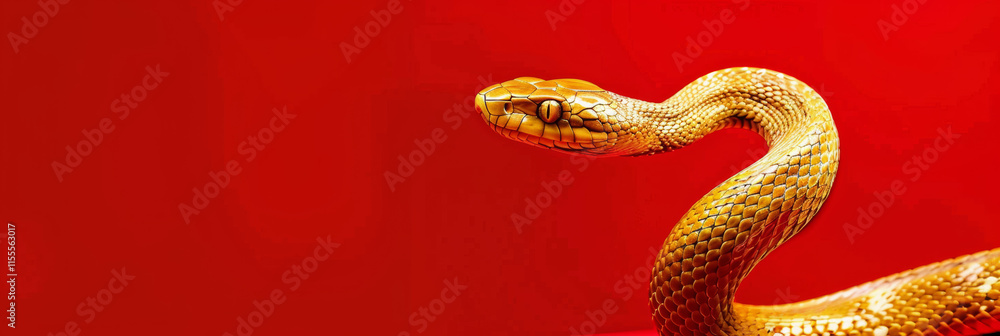 Majestic golden snake with intricate red details playfully sticking its tongue out against a bold red background Majestic golden snake with intricate red details playfully sticking its tongue out against a bold red background