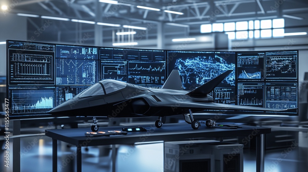Naklejka premium Futuristic Military Aircraft Design Display in Modern Workshop