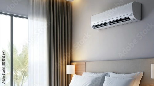 A hotel room with a compact, built-in air conditioning system integrated into the wall. photo