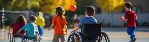 Inclusive Schoolyard Scene with Children of All Abilities Playing Together in Adaptive Sports Activity