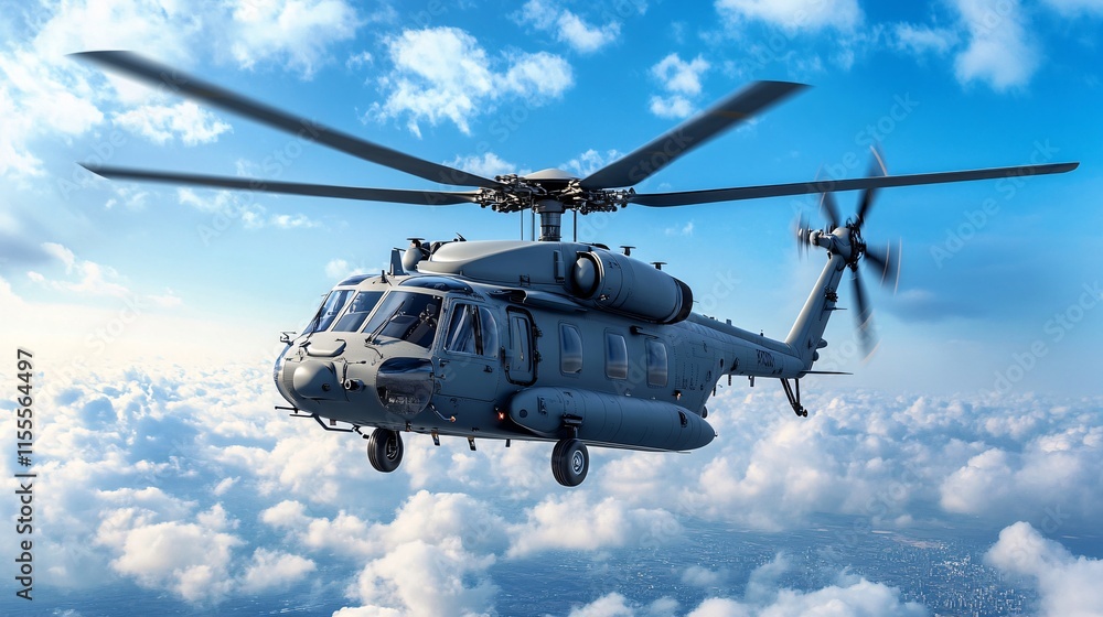 Advanced Military Helicopter in Flight Over Cloudy Sky Advanced Military Helicopter in Flight Over Cloudy Sky