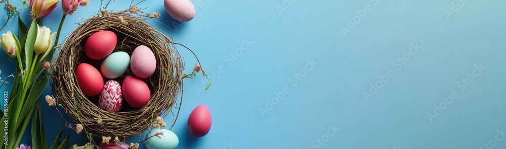 Creative poster of a modern Easter background with vibrant colors and eggs in a decorative nest. Ideal for greeting cards, event posters, or seasonal decorations. Creative poster of a modern Easter background with vibrant colors and eggs in a decorative nest. Ideal for greeting cards, event posters, or seasonal decorations.