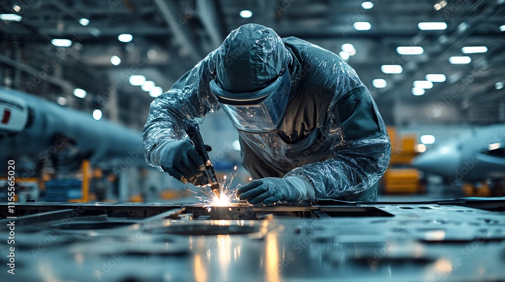 Technician in Protective Suit Welding Parts in Airplane Industrial Setting Technician in Protective Suit Welding Parts in Airplane Industrial Setting