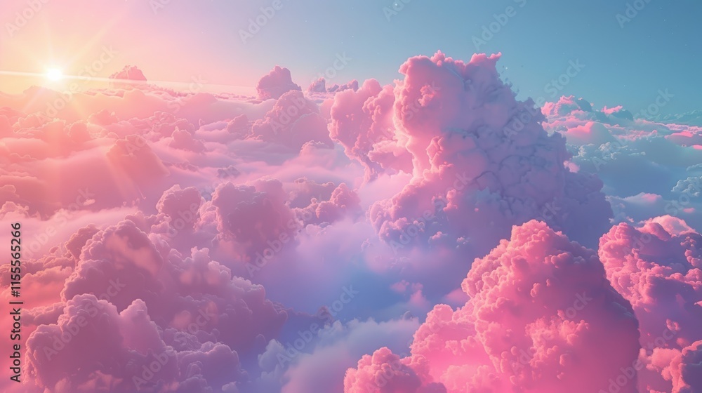 A minimalistic aerial view of an airplane above soft pastel clouds and sky. A minimalistic aerial view of an airplane above soft pastel clouds and sky.