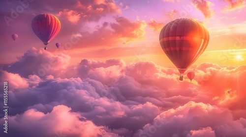 Whimsical Hot Air Balloons in Cloud-Filled Sky. Whimsical hot air balloons floating in a sky filled with  photo