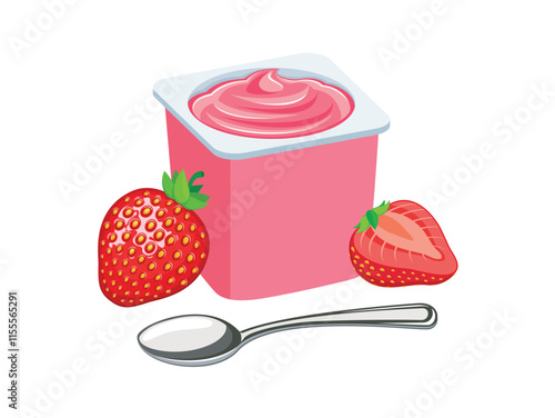 Strawberry yogurt in a plastic cup and spoon vector illustration. Strawberry yogurt plastic cup icon vector isolated on a white background. Fruit yoghurt and fresh strawberries drawing