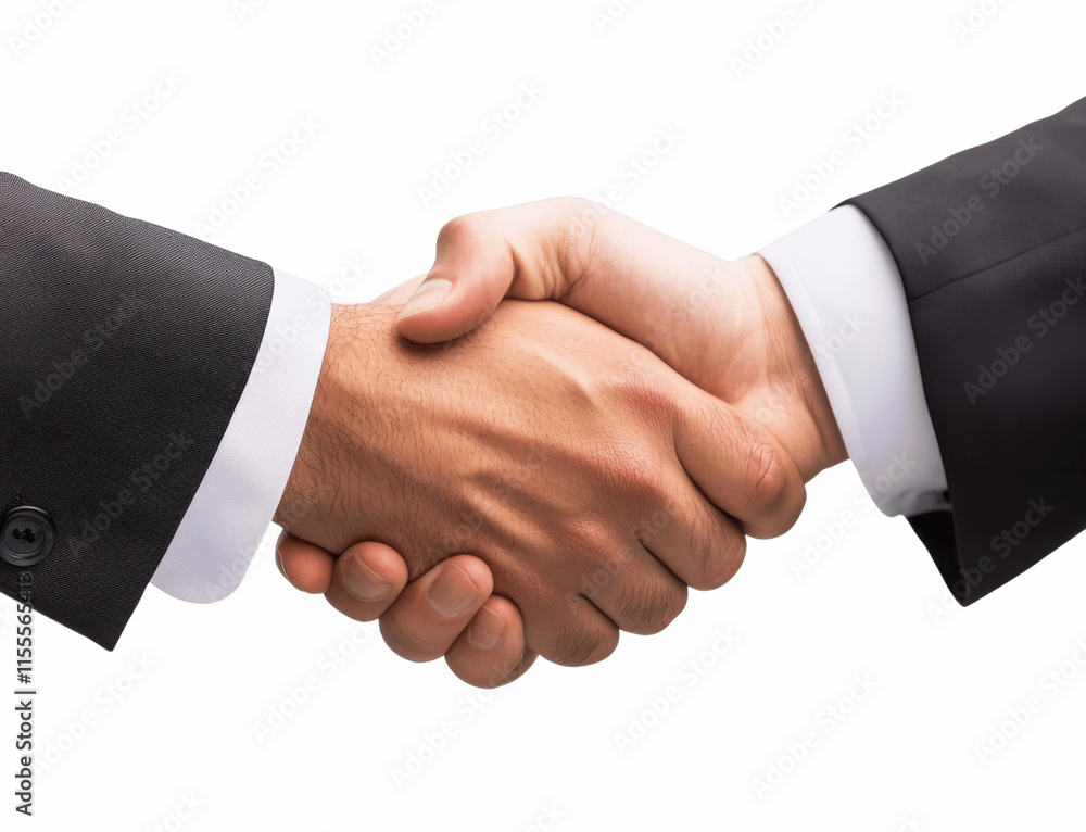 A front-facing view of two business partners shaking hands, dressed in professional suits, smiling, isolated on a white background for a corporate look A front-facing view of two business partners shaking hands, dressed in professional suits, smiling, isolated on a white background for a corporate look