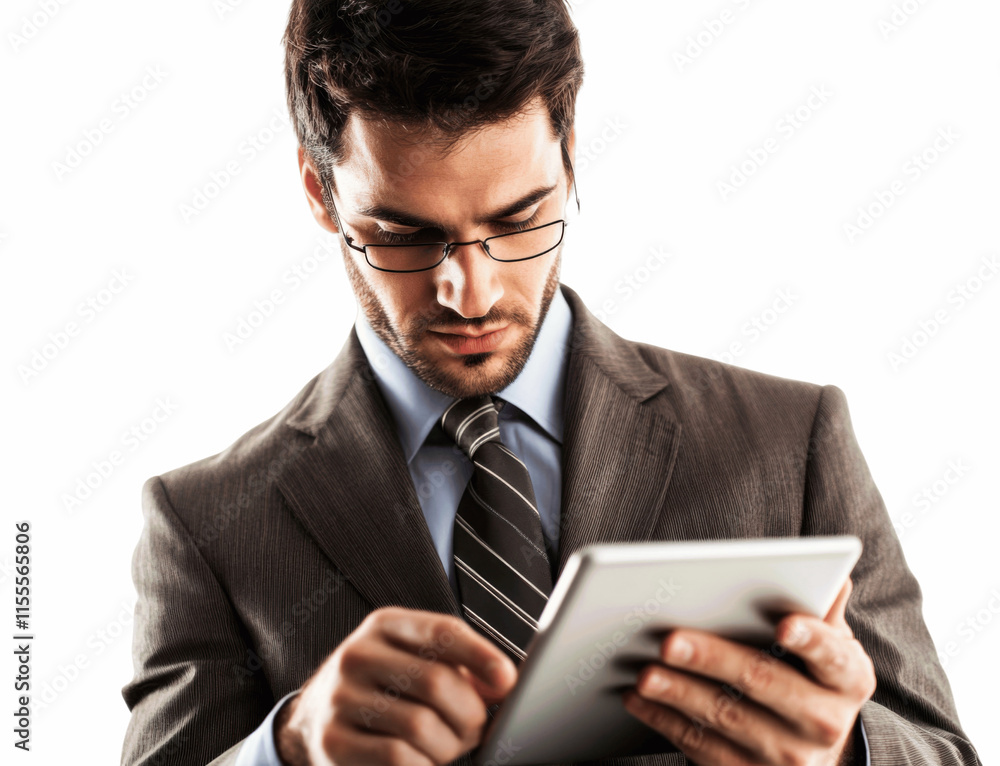 A focused entrepreneur working on a tablet while standing, with a confident expression, isolated on a white background, showcasing a dynamic business environment A focused entrepreneur working on a tablet while standing, with a confident expression, isolated on a white background, showcasing a dynamic business environment