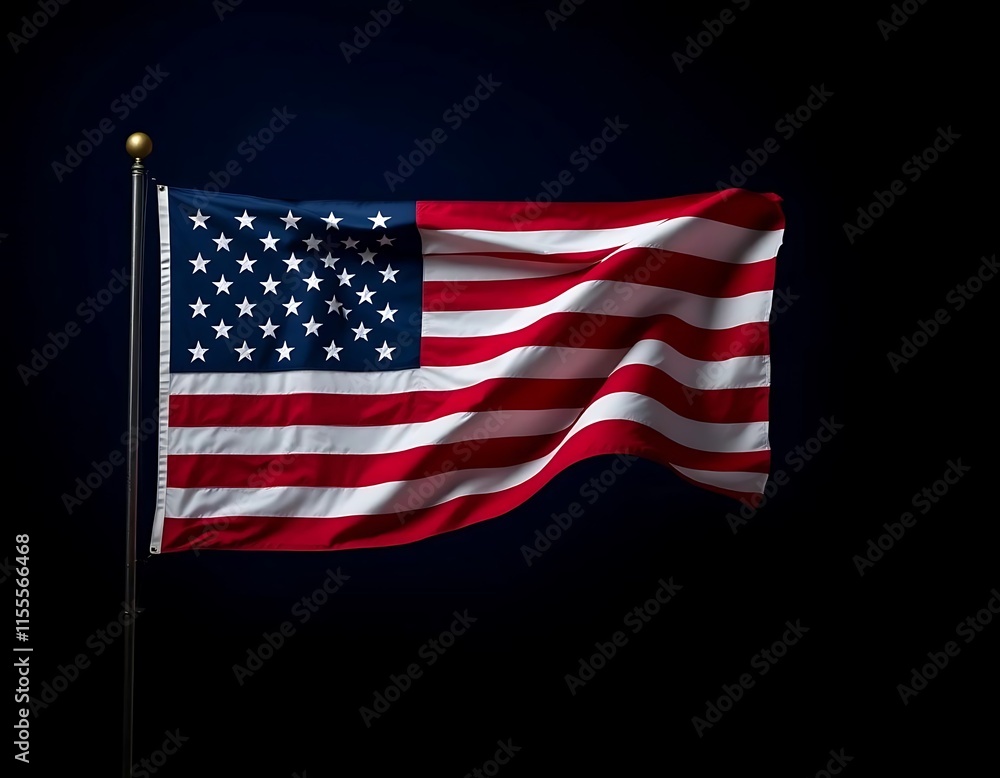 American flag, waving, patriotic, stars and stripes, red white and blue, dramatic lighting, dark background, textured fabric, windblown, national symbol, high contrast, detailed, realistic, cinematic American flag, waving, patriotic, stars and stripes, red white and blue, dramatic lighting, dark background, textured fabric, windblown, national symbol, high contrast, detailed, realistic, cinematic