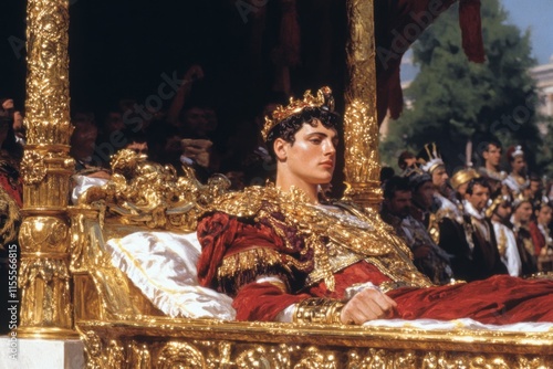 A historically accurate portrait of Cleopatra sitting on a golden throne surrounded by Egyptian priests and nobles