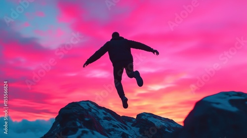 Man leaping across mountain peaks at sunset, showing bold goal setting and mindset of seizing new opportunities photo