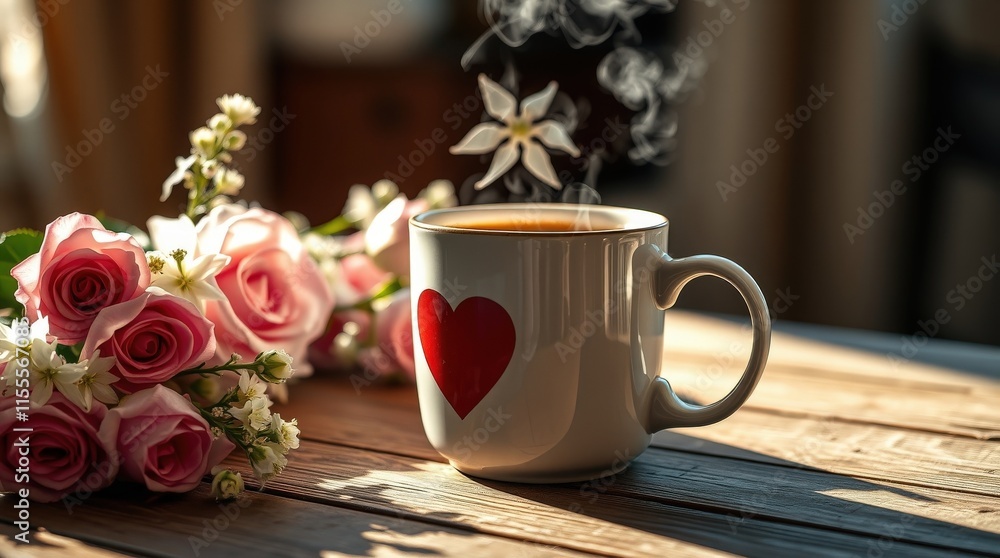 A cozy cup of coffee with a heart design and roses on a wooden table A cozy cup of coffee with a heart design and roses on a wooden table