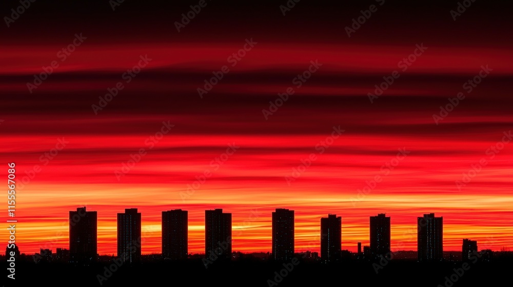 Fototapeta premium Fiery sunset silhouettes cityscape skyline.