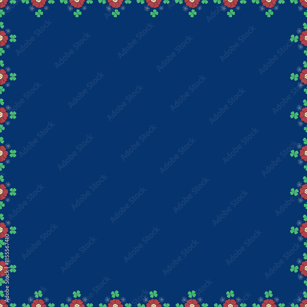 Red Primula Auricula and Clover (Trifolium) pattern illustration on blue background Red Primula Auricula and Clover (Trifolium) pattern illustration on blue background